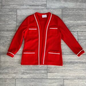 Vintage Chic Red Open Cardigan White Trim Pockets 60’s 70’s chic preppy